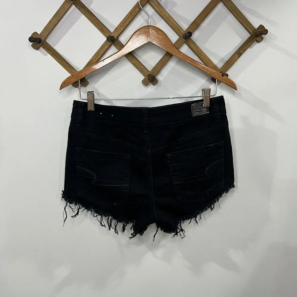 American Eagle Mom Shorts SZ 8 Denim Distressed Black Jean High Rise Stretch
